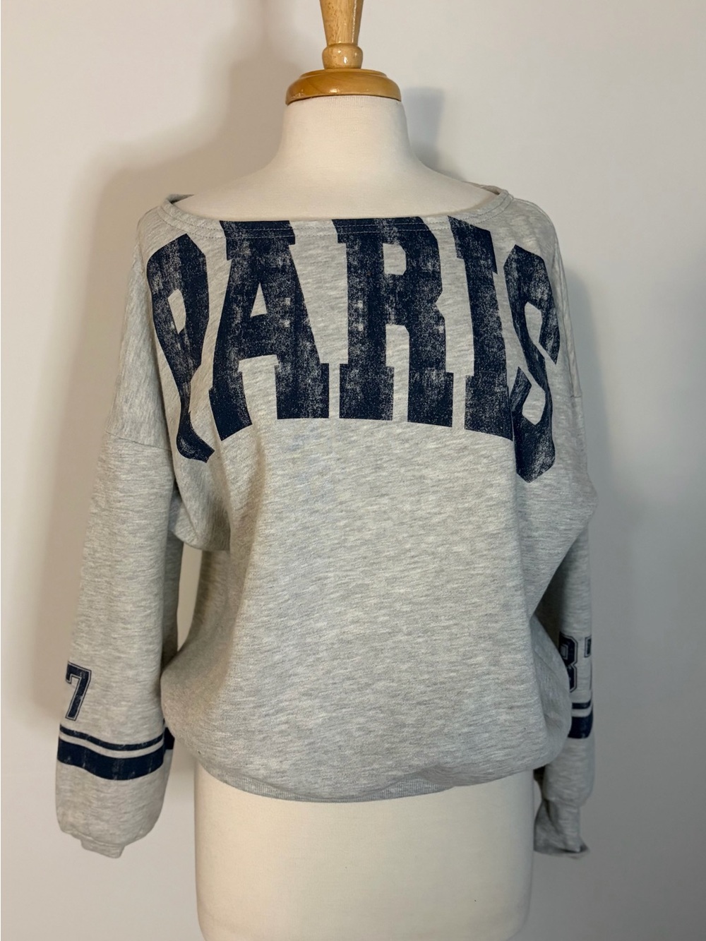 Off the shoulder oversized boat neck gray ‘PARIS’ sweatshirt